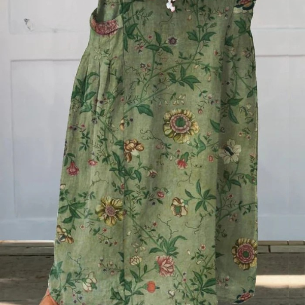 Retro art print linen maxi skirt in Multicolour, front view