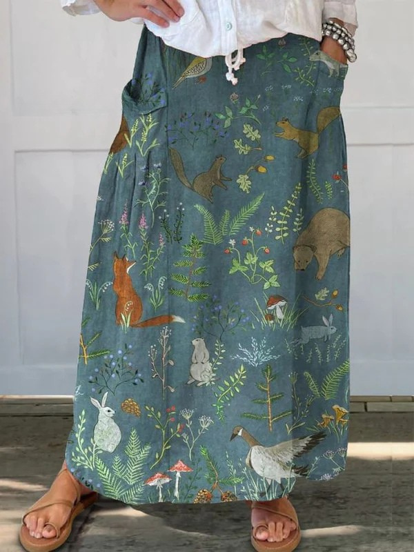 Martha woodland animal print maxi skirt in Green, front view