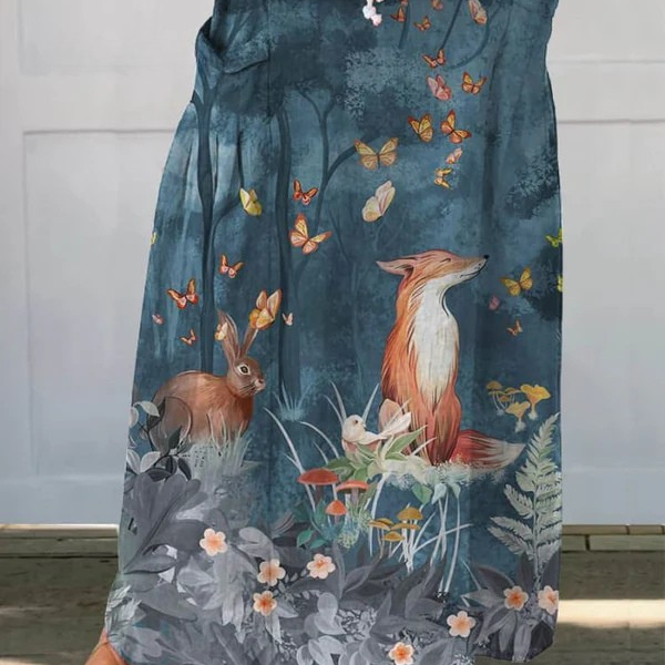 Vintage fox and floral linen maxi skirt in Multicolour, front view