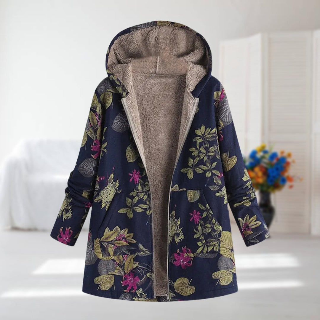 Beatrice navy floral fleece-lined hooded coat in Floral Blue, front view