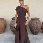 Toledo linen blend one shoulder maxi dress in Brown, view 3