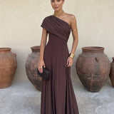 Toledo linen blend one shoulder maxi dress in Brown, view 3
