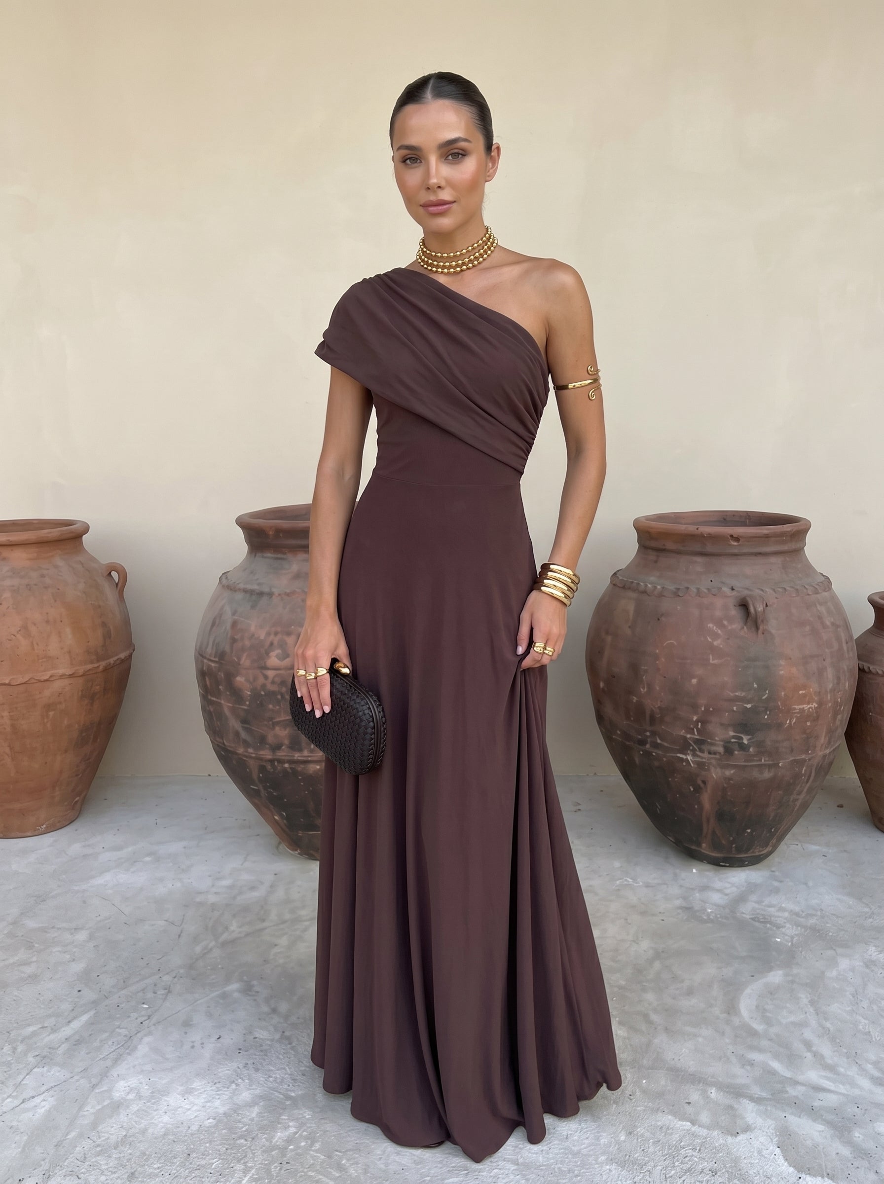 Toledo linen blend one shoulder maxi dress in Brown, view 3