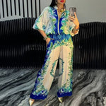 Elyra printed satin overshirt and trouser set in Blue, view 2