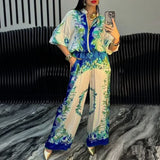 Elyra printed satin overshirt and trouser set in Blue, view 2