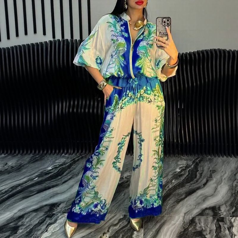 Elyra printed satin overshirt and trouser set in Blue, view 2