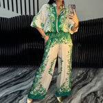 Elyra printed satin overshirt and trouser set in Green, view 4