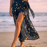 Botanical print maxi wrap skirt in Navy, front view