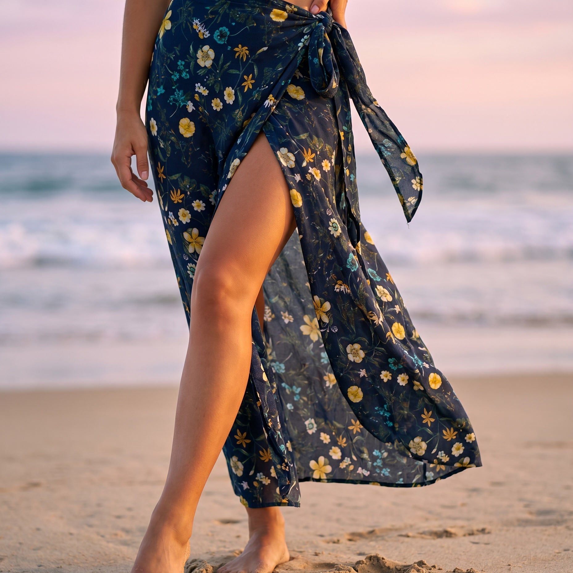 Botanical print maxi wrap skirt in Navy, front view