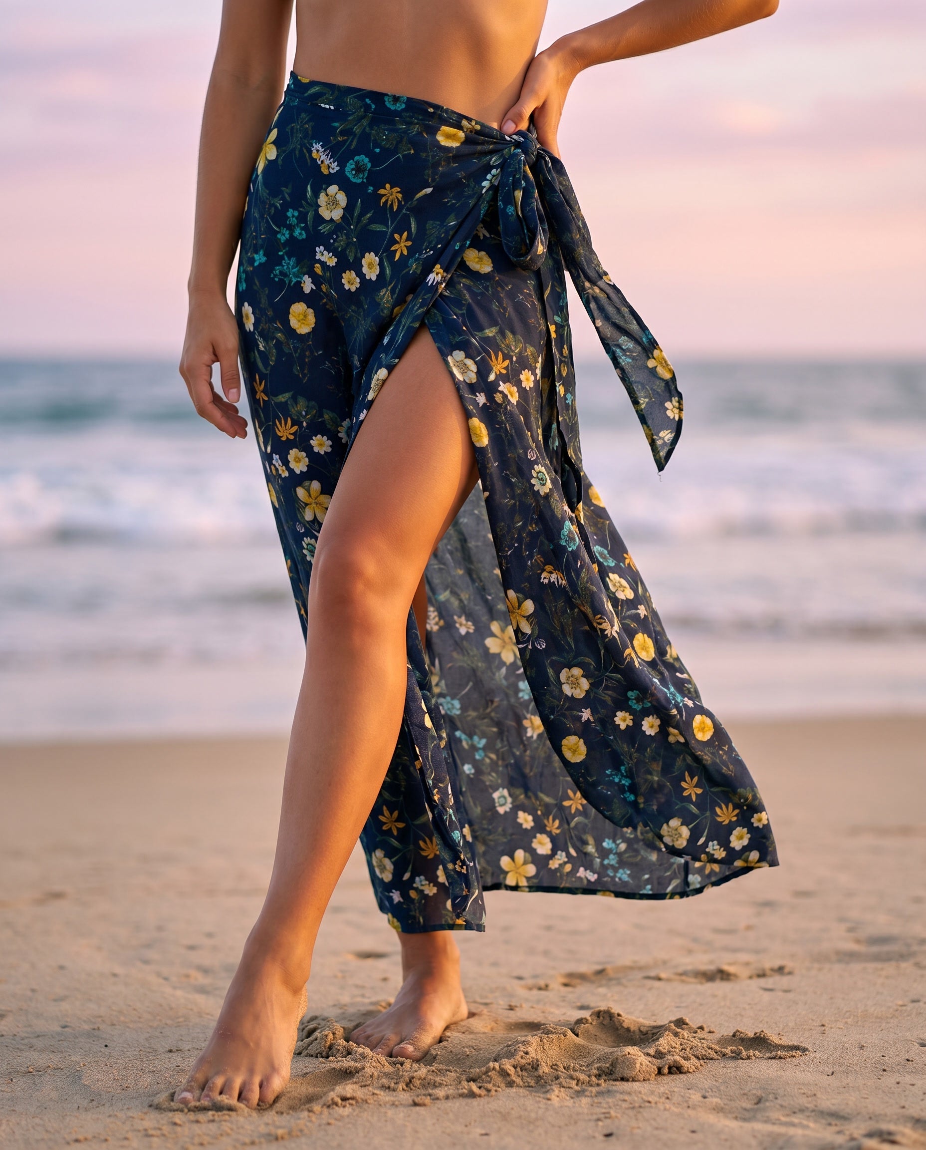 Botanical print maxi wrap skirt in Navy, front view