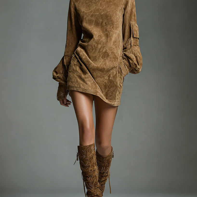 Marlowe vintage suede mini dress, front view