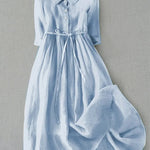 Isabel cotton linen waist tie dress in Blue, front view