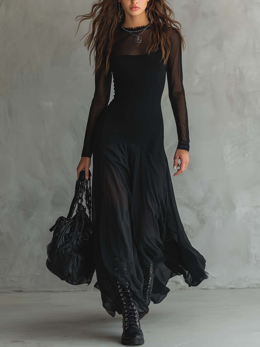 Tilda black loose maxi dress, front view
