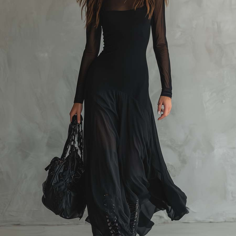 Tilda black loose maxi dress, front view