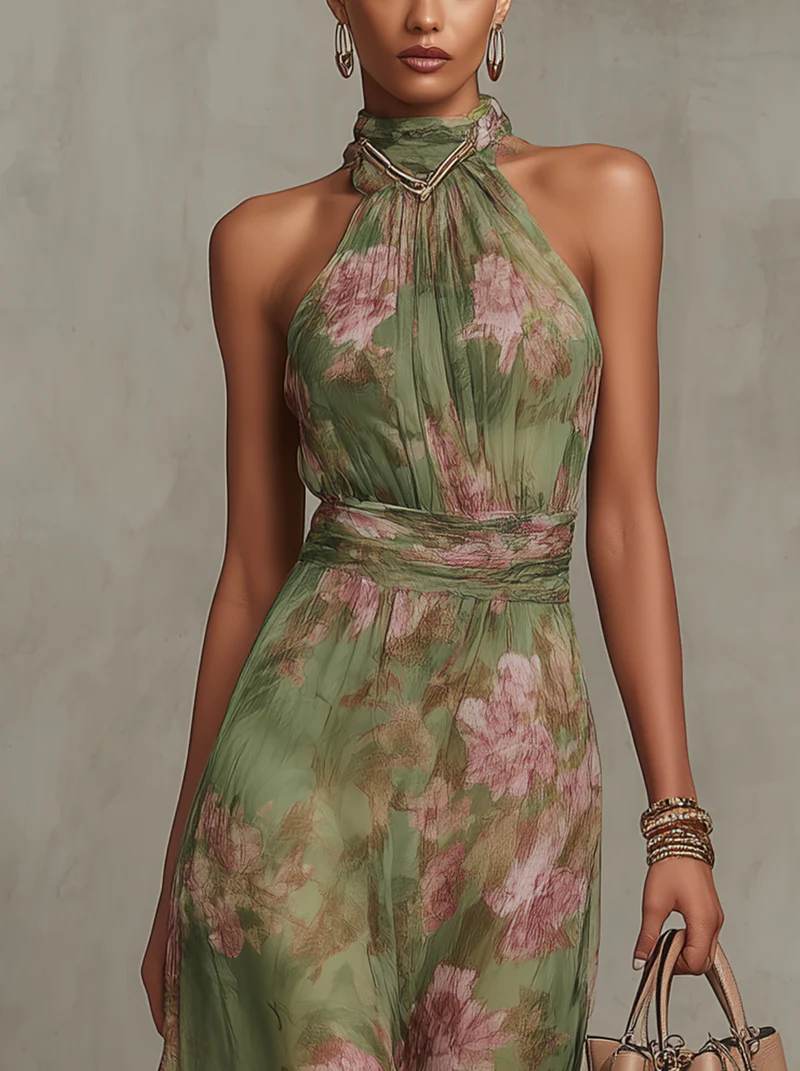 Serena green floral halterneck maxi dress, view 3