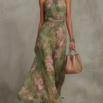Serena green floral halterneck maxi dress, front view