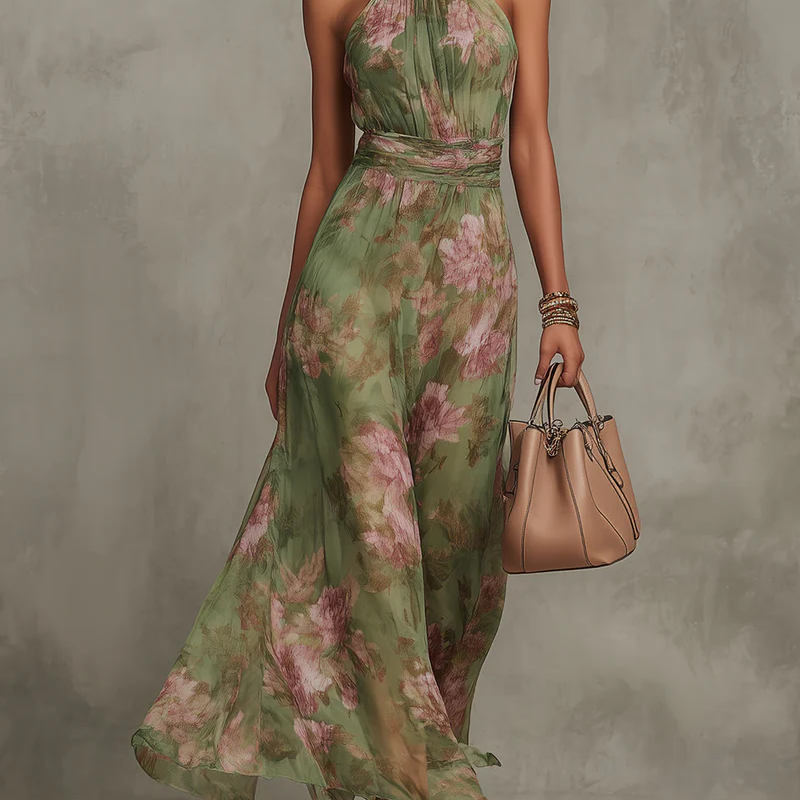 Serena green floral halterneck maxi dress, front view