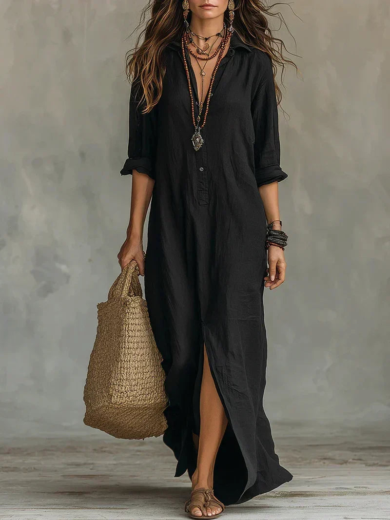 Savenora elegant shirt collar maxi dress in Black, front view