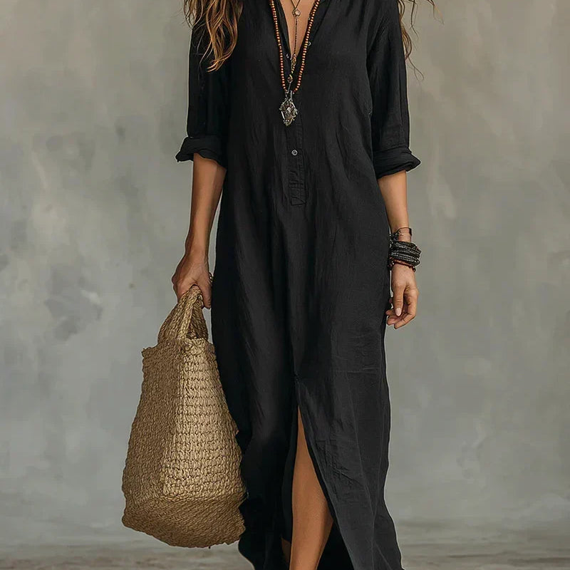 Savenora elegant shirt collar maxi dress in Black, front view
