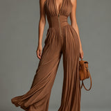 Zsofia Brown Pleated Jumpsuit, front view