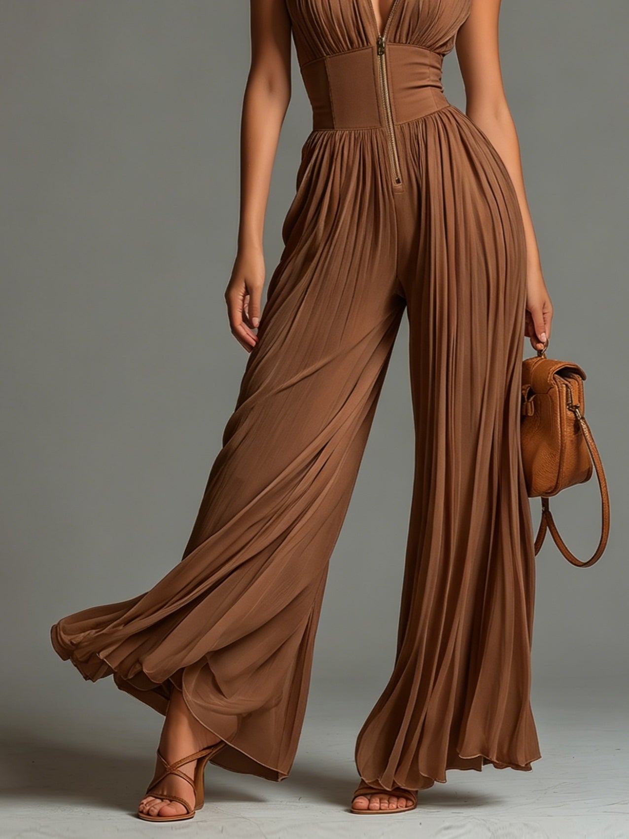 Zsofia Brown Pleated Jumpsuit, view 5