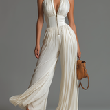 Vera white V-neck sleeveless trouser set, front view