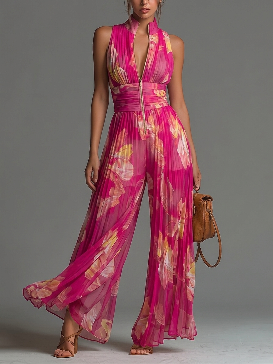 Leabella Fuchsia Floral Pleated Jumpsuit, front view