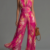 Leabella Fuchsia Floral Pleated Jumpsuit, front view