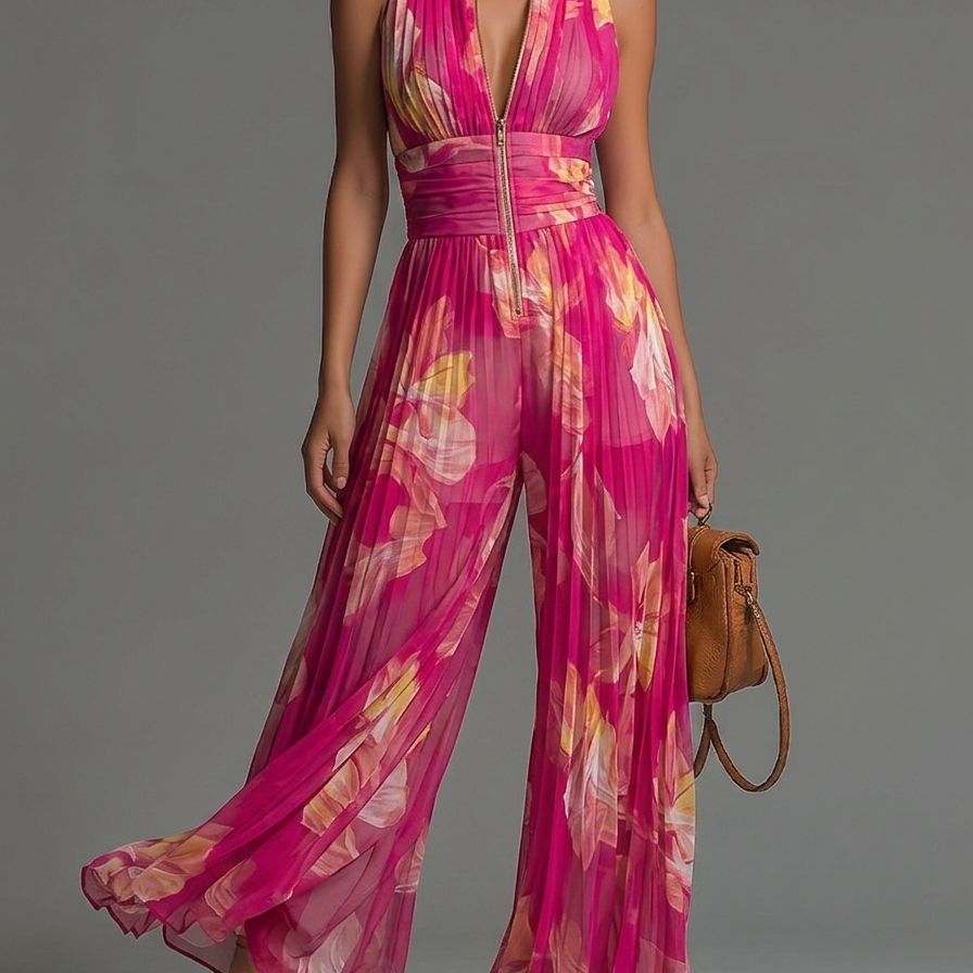 Leabella Fuchsia Floral Pleated Jumpsuit, front view