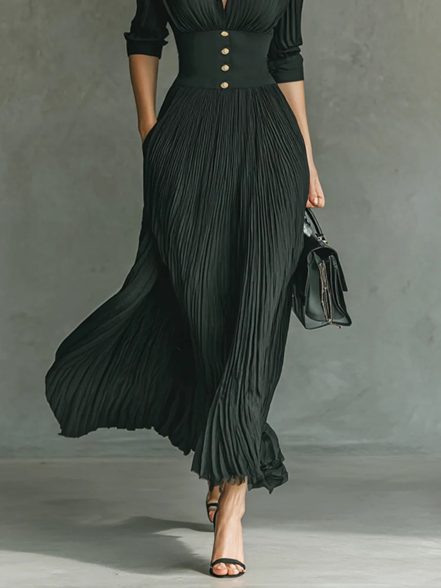 Elvira pleated lapel collar maxi dress, view 4
