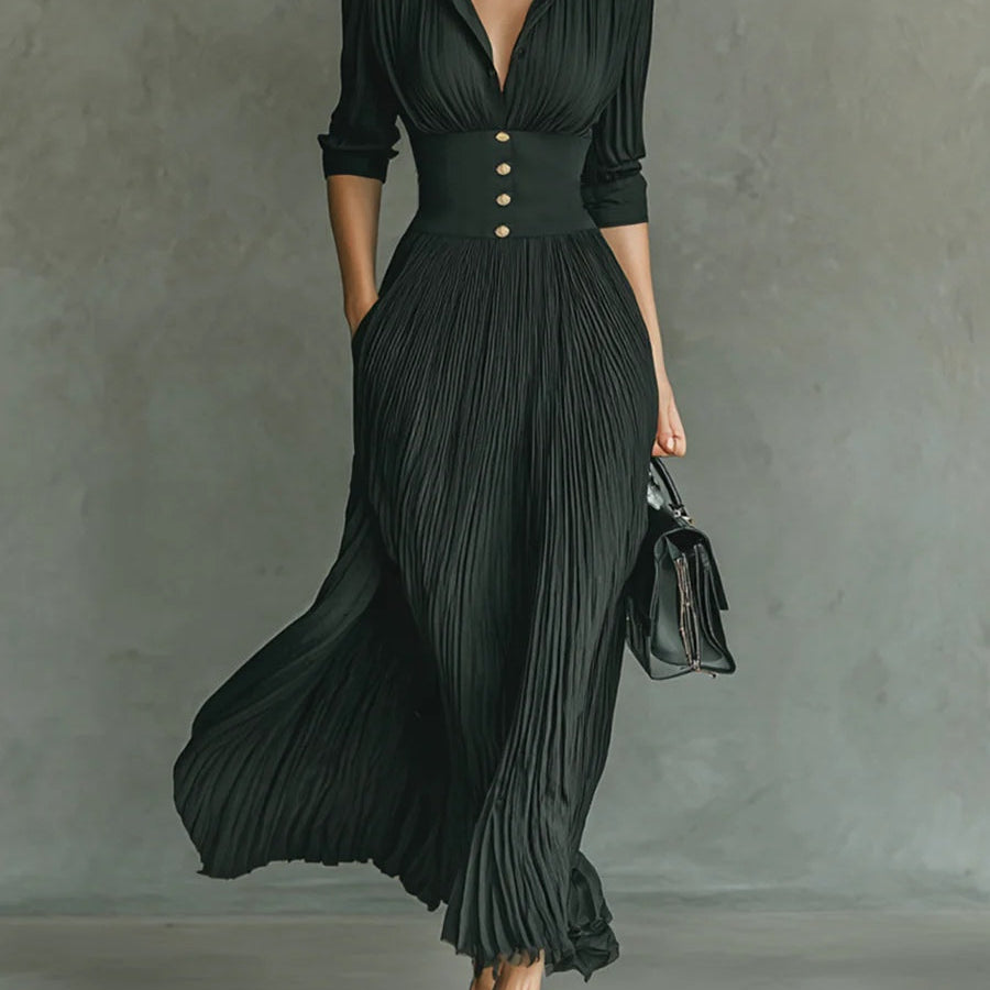 Elvira pleated lapel collar maxi dress in Green, view 2