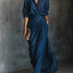 Cielo deep blue shirt and maxi skirt set, view 2