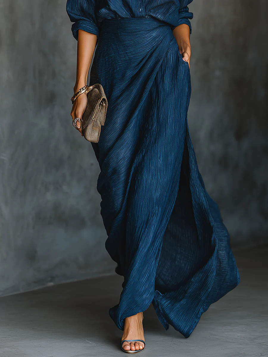 Cielo deep blue shirt and maxi skirt set, view 4