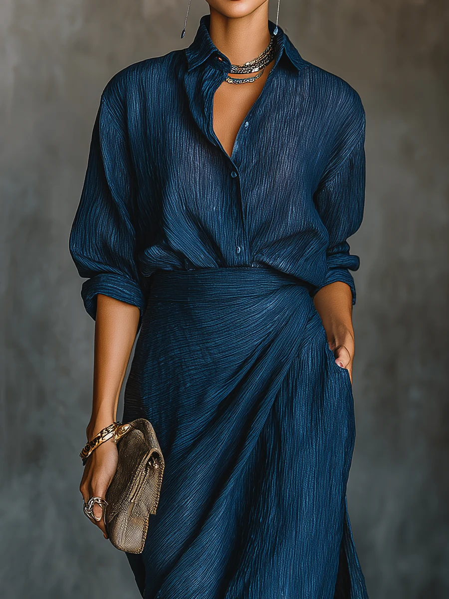 Francesca blue shirt and long skirt set, view 2