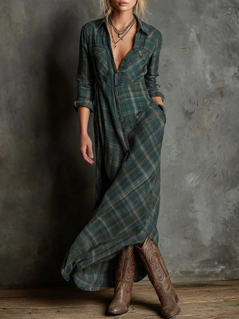 Valentina long checked shirt dress in Green, front view
