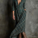 Valentina long checked shirt dress in Green, front view