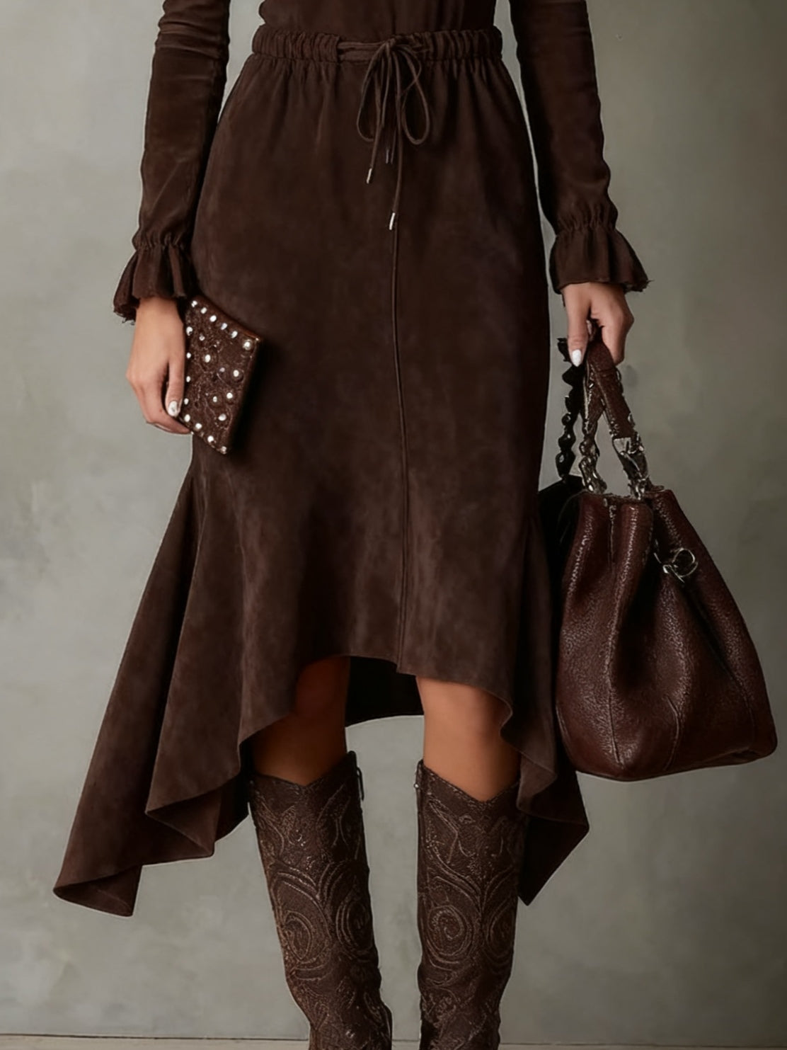 Isla suede tie waist midi dress, view 4