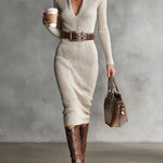 Clara Belted Knitted Dress in Beige, front view