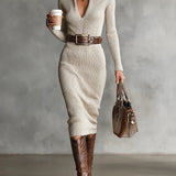 Clara Belted Knitted Dress in Beige, front view