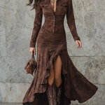 Carlotta Long Dress with Ruffles in Brown, front view