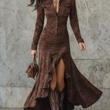 Carlotta Long Dress with Ruffles in Brown, front view