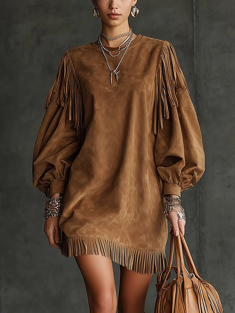 Emma fringed suede mini dress, front view