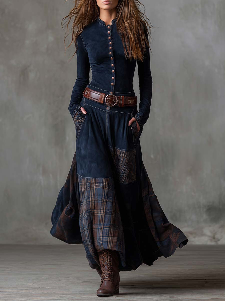 Michelle belted suede dress in Navy, front view