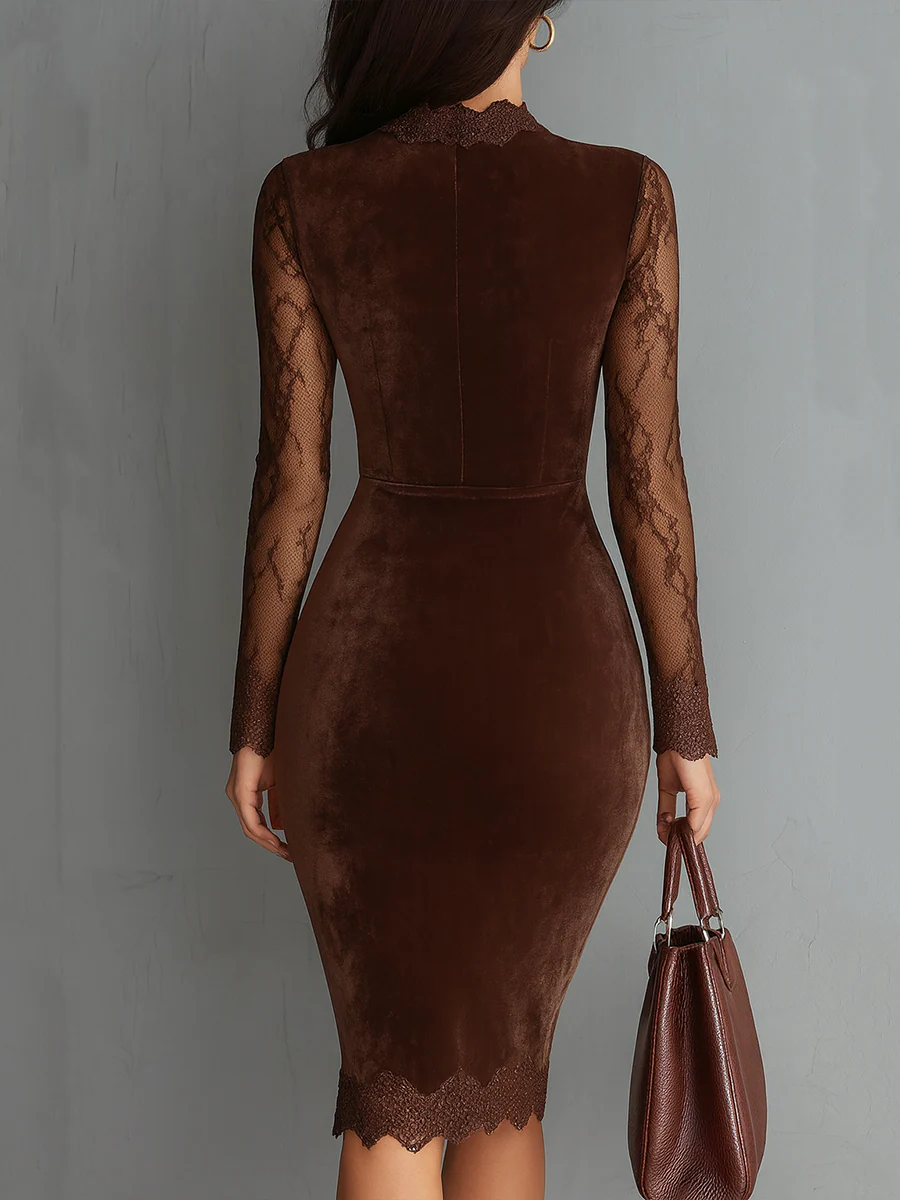 Rosamund brown velvet dress with lace sleeves, view 2