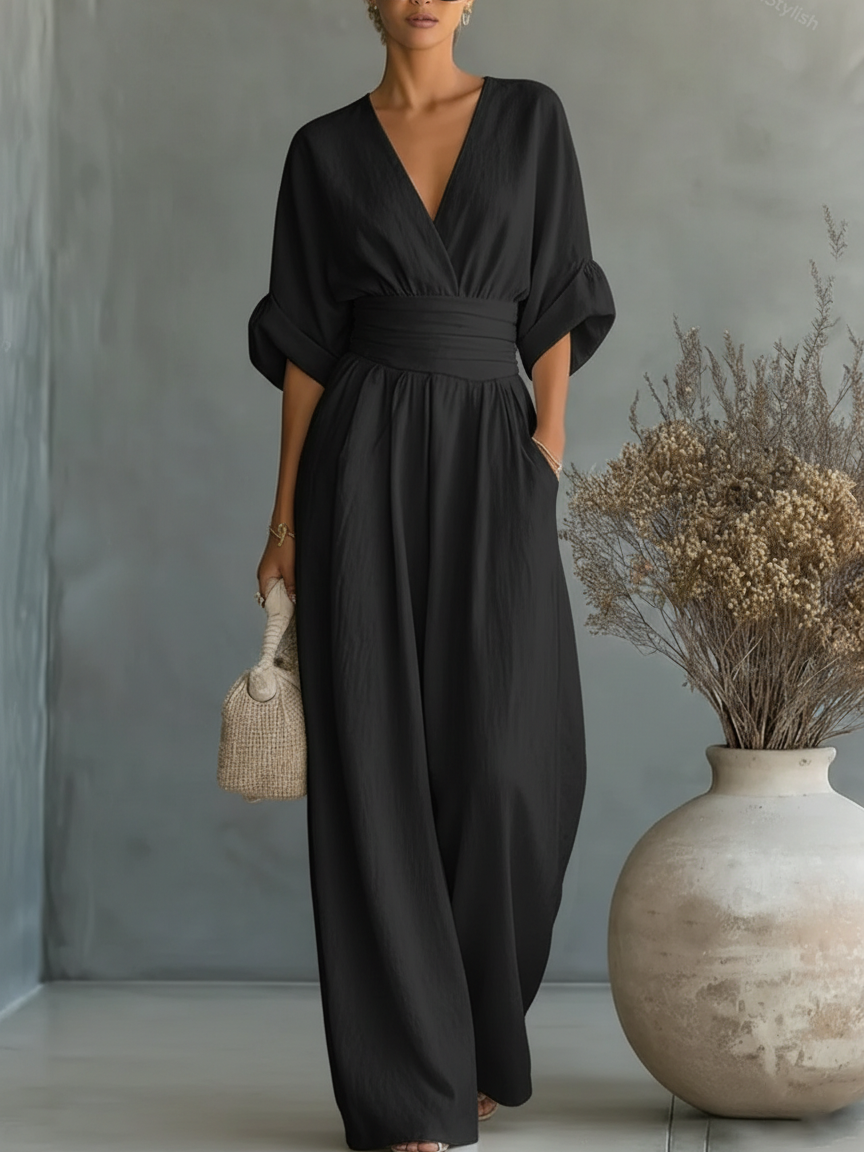 Maja V Neck High Waisted Jumpsuit in Black, front view