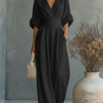 Maja V Neck High Waisted Jumpsuit in Black, front view
