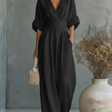 Maja V Neck High Waisted Jumpsuit in Black, front view