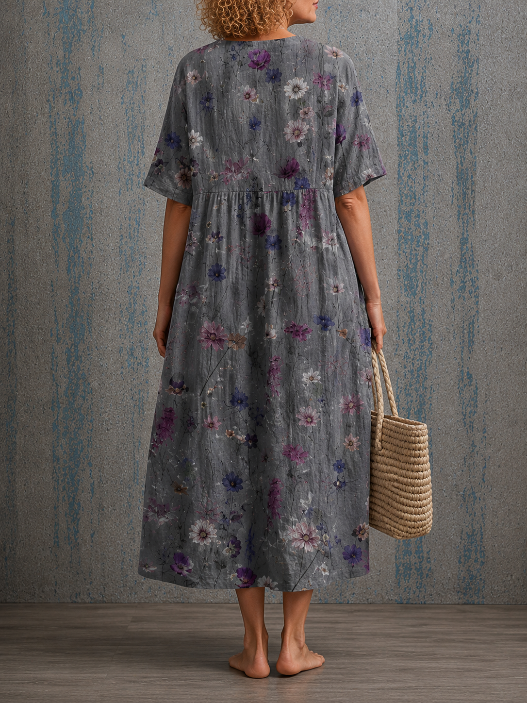 Camille navy floral half sleeve dress, view 2