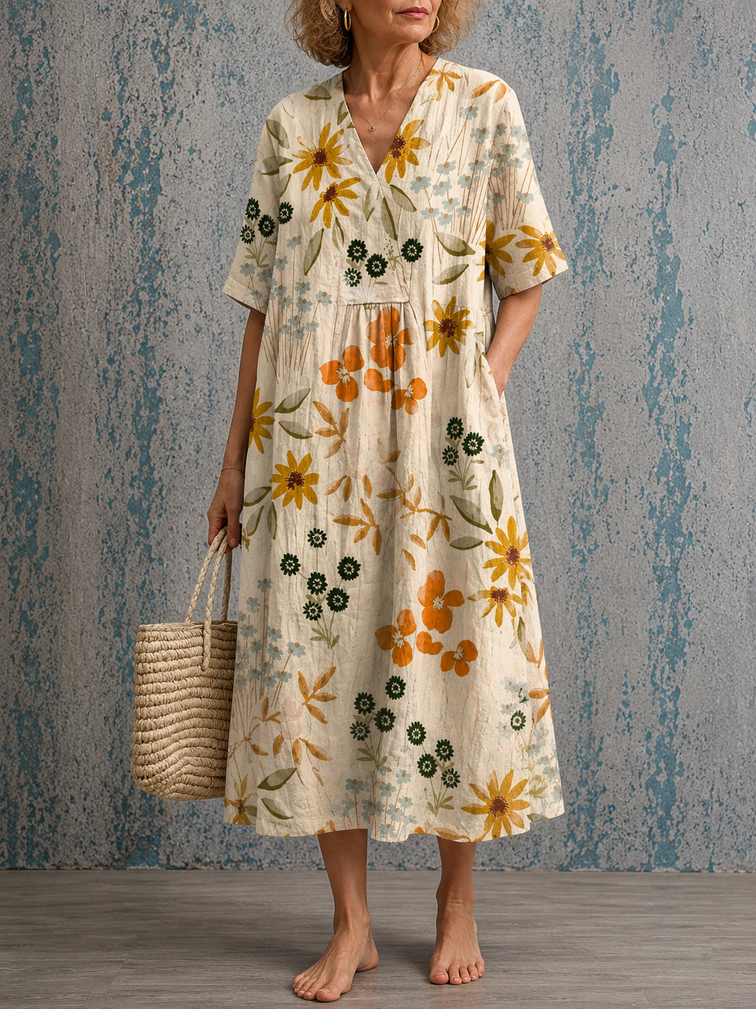 Beverley golden floral half sleeve dress, front view