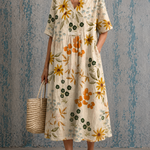 Beverley golden floral half sleeve dress, front view